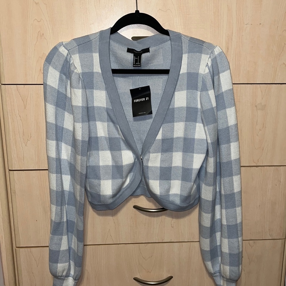 F21 Gingham Puff Sleeve Cardigan
